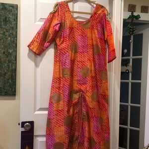 Vibrant Silky Orange and Pink Patterned Dress with matching Leggings.